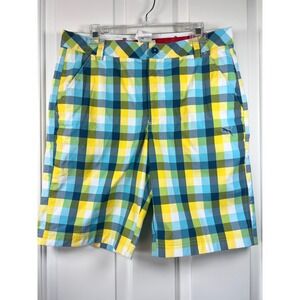 Puma Golf Shorts Mens Plaid Checkered Yellow Blue Green Performance Flat Front